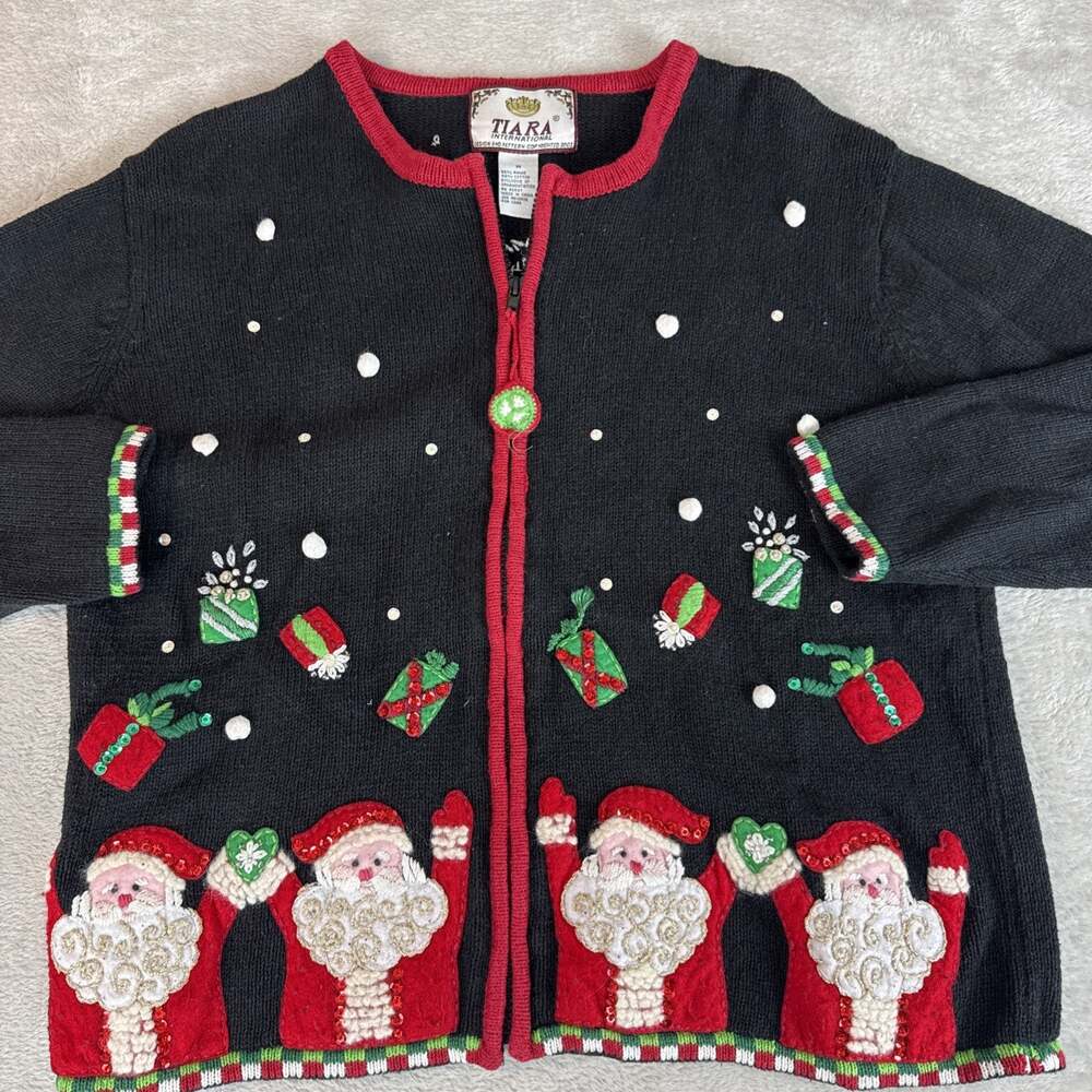 Santa Christmas Zip Up Cardigan Tiara Women’s Sweater Ugly Grandma Y2K Vintage M